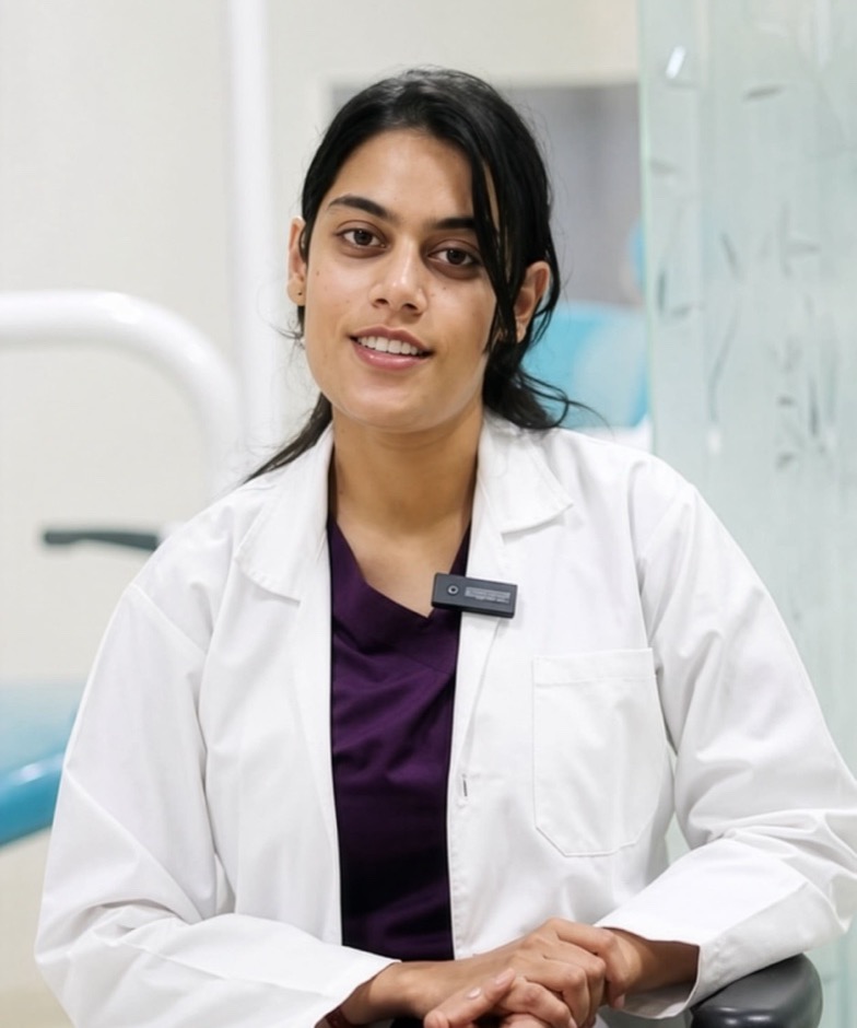 Dr. Shabnam seated in her clinic at The Tooth Corner, Bellandur
